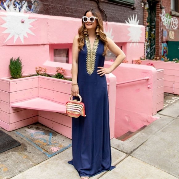 LILLY PULITZER Jane Maxi Dress True Navy Bamboo Pull Tassel Front Side Slit Co - Picture 4 of 12
